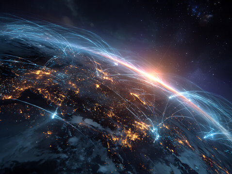 Digital communication network connection over earth globe with glowing city lights.