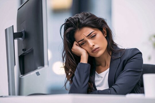 Stressed professional woman resting head on desk beside computer monitor in modern office setting