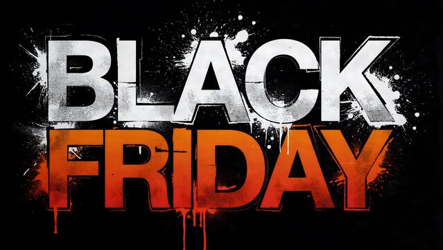 Black friday text with a grunge, graffitistyle design featuring white letters for black and orangetored gradient letters for friday on a black background