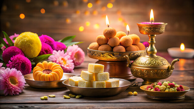 Traditional indian sweets and oil lamps arranged for the festive celebration of durga puja with floral decorations