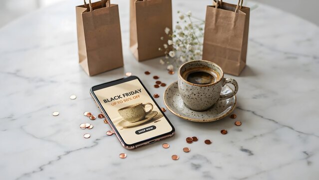 Black friday sale concept with a smartphone displaying an online shopping advertisement, a cup of coffee, and paper shopping bags on a marble table
