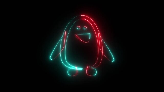 Glowing neon penguin outline illustration on black background