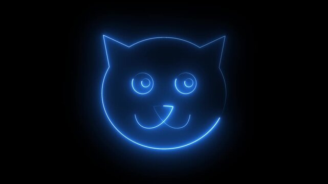 Glowing blue neon cat head outline on black background