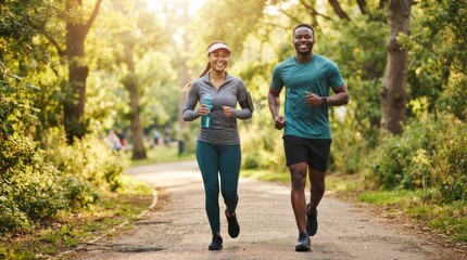 Fototapeta premium Happy young couple jogging together in a sunny green park for fitness