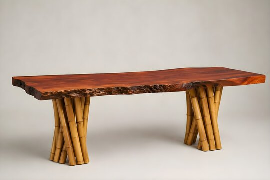 Luxury Lao padauk wood live edge dining table with geometric bamboo legs