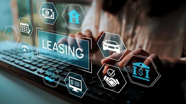 Woman Typing on Keyboard with Leasing Icons and Graphics Displayed on Screen, Business and Finance Concept, Digital Technology in Modern Office. Entropy.