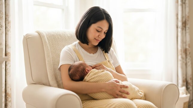 Young mother tenderly breastfeeding her newborn baby in a bright and peaceful nursery.