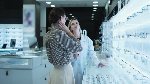 White female optometrist helps and guides customers to choose eyeglasses for improved eyesight with individual lifestyles, consults on decisions, and options choices at store display in optical shop.