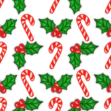 Christmas Candy Cane and Holly Pattern: A festive repeating pattern featuring iconic Christmas candy canes and vibrant holly with red berries, perfect for holiday decorations and designs.