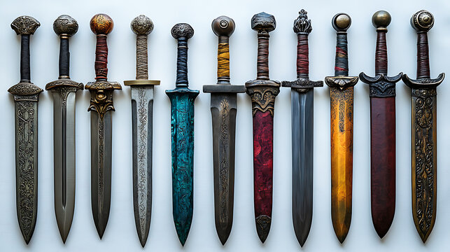 A collection of traditional edged weapons &ndash; a dagger, a short sword, a knife &ndash; arranged neatly against a stark white backdrop under cinematic studio lighting 