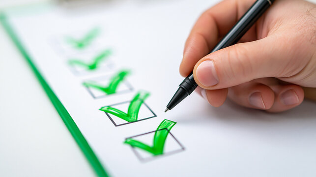 A hand is marking green checkmarks in multiple checkboxes on a form or checklist with a black pen.