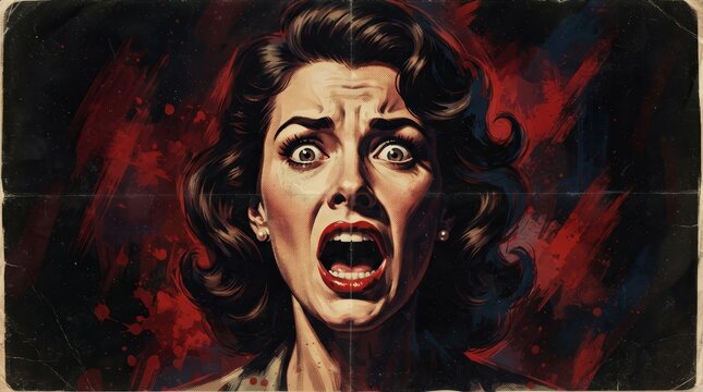 Vintage 1950s retro horror portrait of a woman screaming in fear with a dramatic red background.
