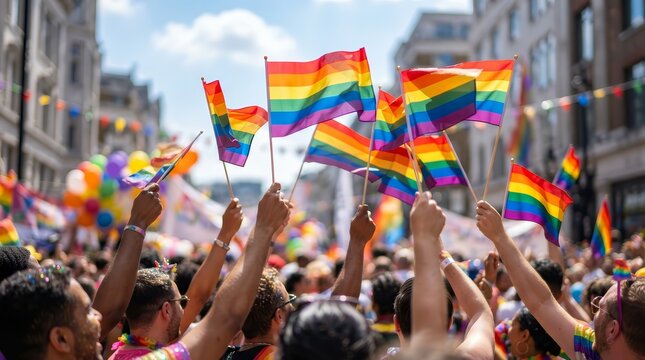 People waving LGBTQ gay pride flags at a solidarity march.