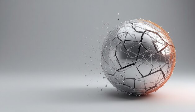 Cracked silver metallic sphere emitting warm light and dissolving particles with particles transformation abstract technology dissolving geometric structure background minimalist intensity