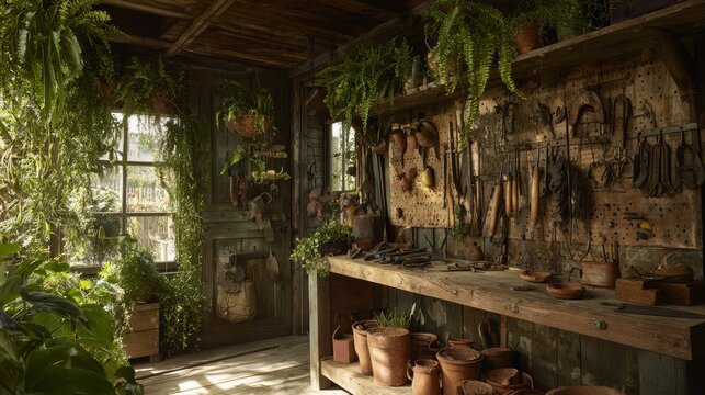 Interior design photography of a rustic potting shed workroom, a wooden pegboard wall organized with vintage metal gardening tools like trowels shears and rakes, terracotta pots stacked on shelves,