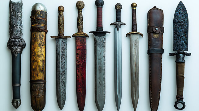 A collection of traditional edged weapons &ndash; a dagger, a short sword, a knife &ndash; arranged neatly against a stark white backdrop under cinematic studio lighting 