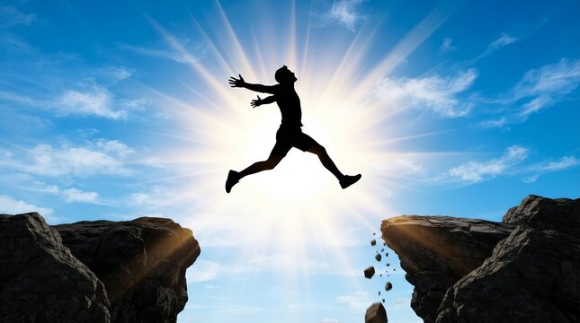 Silhouette of a man jumping over a gap between two cliffs against a bright sun.