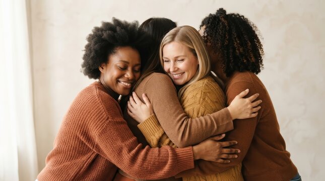 A group of diverse women hugging close together in a circle of support.