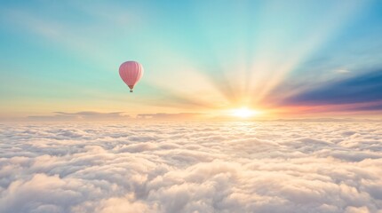 Fototapeta premium Peaceful sunrise above the clouds with floating pink balloon
