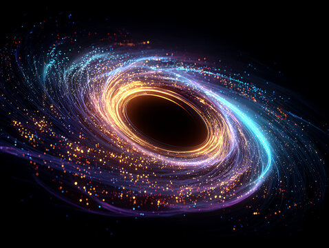 An abstract, glowing spiral galaxy of intertwined light particles in blue and orange hues against a dark background.