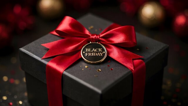 Black friday gift box with a red ribbon bow and a gold tag on a dark background with festive bokeh lights