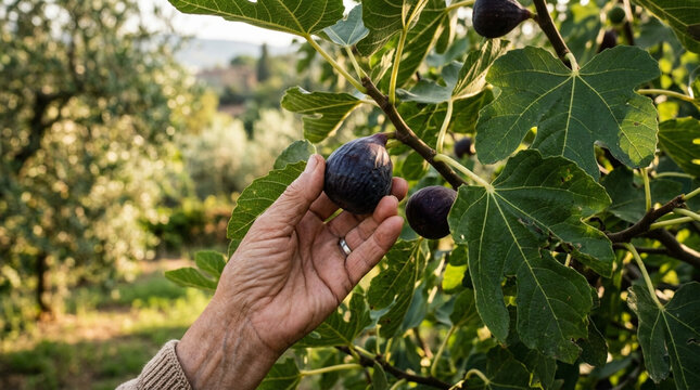 Hand picking ripe fig from tree with green leaves and blurred vineyard background