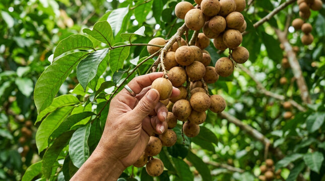 Hand picking ripe langsat fruits from tree, tropical orchard harvest, natural bounty