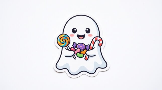 A paper-sticker style illustration of a cute ghost holding a lollipop and candies, perfect for Halloween. Isolated on solid white background