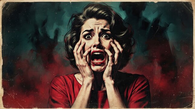 A woman screaming in terror in a classic 1950s pulp fiction style.