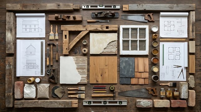 Carpentry tools blueprints and building materials on a wooden surface
