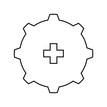 Gear icon with plus sign center, cross symbol cog wheel design