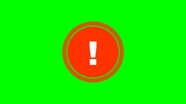 Red exclamation mark alert icon animation with pulsing signal ring, warning sign motion graphic on chroma key green screen background