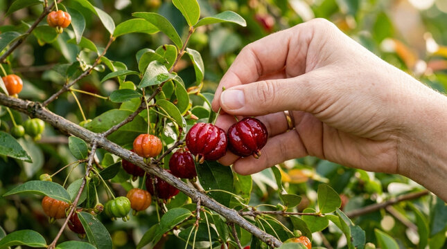 Hand picking ripe Surinam cherries from tree branch, close-up