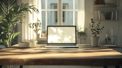 Fototapeta premium Sunny home office laptop with plants and sunlight through window