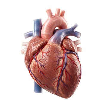 Highly detailed glossy 3D render of a human heart showing aorta, arteries, and veins with anatomical accuracy, isolated on white background for medical and healthcare content.