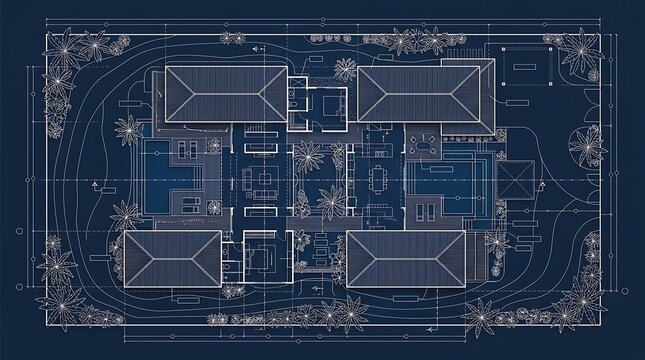 Detailed architectural site plan for luxury villa on blue background