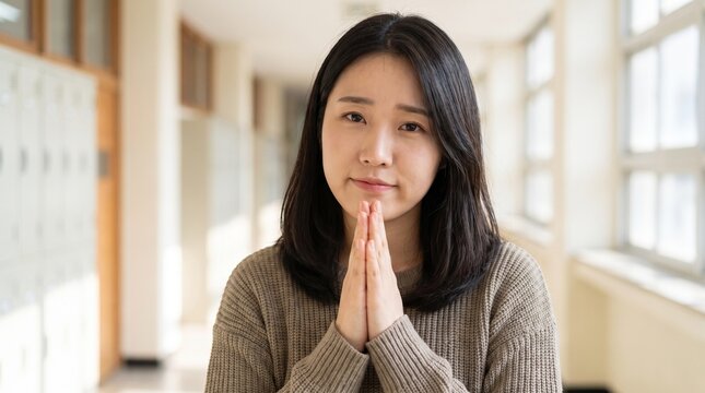 Close-up portrait of a young Asian woman clasping hands in an apologetic or pleading gesture
