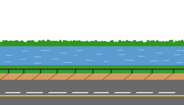 Flat 2D side view road background near river bank with green trees suitable for 2D game asset design
