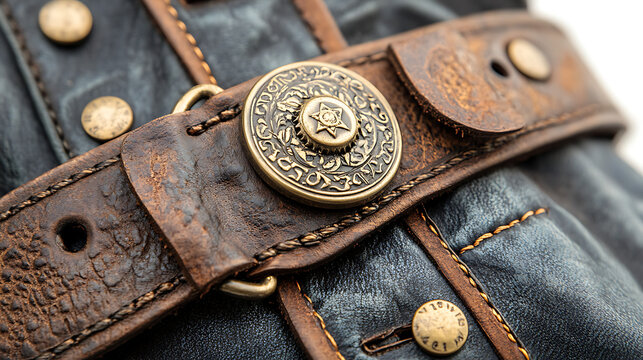 A close-up of the aged leather and brass details of a vintage gun sling against a clean white backdrop under cinematic studio lighting, emphasizing the wear and history 