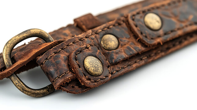 A close-up of the aged leather and brass details of a vintage gun sling against a clean white backdrop under cinematic studio lighting, emphasizing the wear and history 