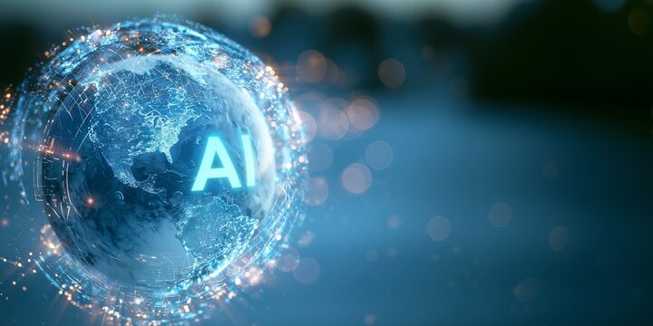 Glowing digital globe with AI text representing global artificial intelligence network