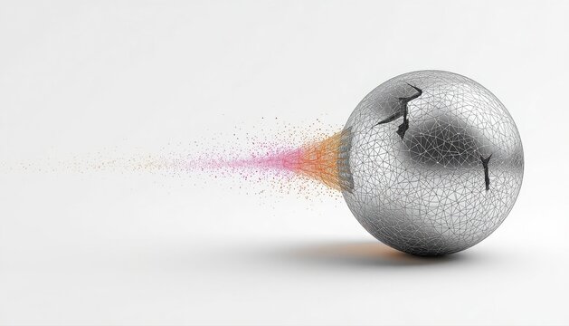 Abstract silver sphere dissolving into glowing pink and orange particles with dissolving particles abstract metallic explosion fragmentation background transformation creative particle