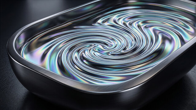 Iridescent liquid metal chrome fluid swirling smoothly creating high reflectivity futuristic technology luxury texture