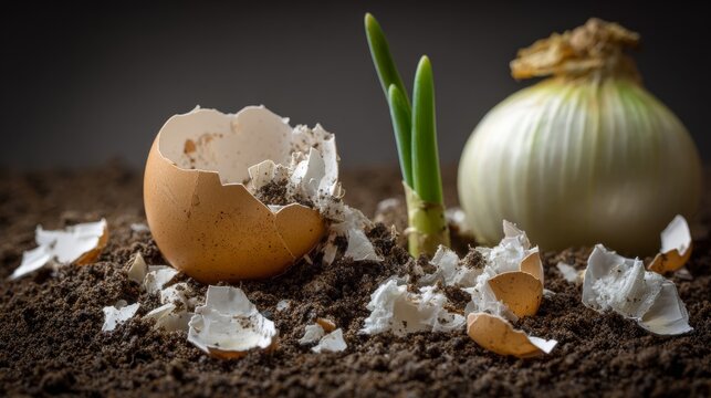 Detailed image of eggshell fragments resting on soil next to a growing onion bulb, showing the contrast between the white calcium and dark dirt, home gardening tip visualization, nutrient recycling
