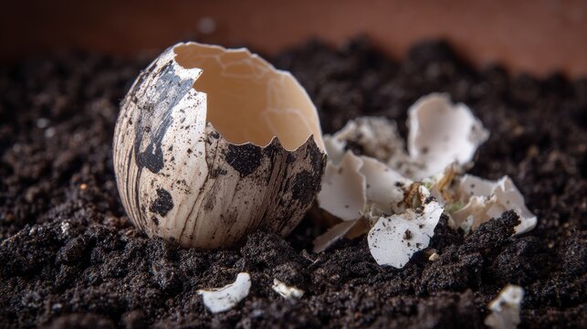 Detailed image of eggshell fragments resting on soil next to a growing onion bulb, showing the contrast between the white calcium and dark dirt, home gardening tip visualization, nutrient recycling