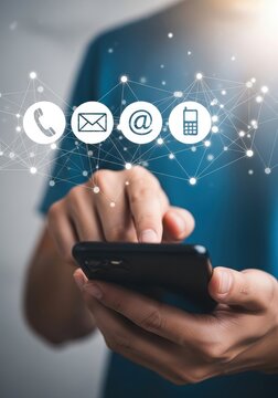 Businessman Using Smartphone with Digital Communication Icons for Contact Us and Customer Support Concept