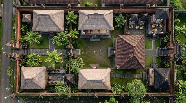 Aerial view of a traditional balinese temple compound