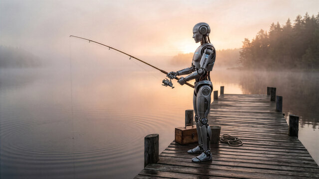 Humanoid robot standing on wooden pier fishing with classic reel rod during calm foggy lake sunrise landscape