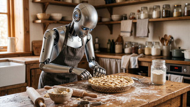 Sleek silver robot baking traditional sweet pie meticulously crimping dough crust edge with metallic fingers