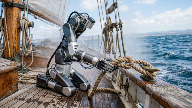Sleek robot carefully tying nautical knot on heavy thick hemp rope on vintage wooden sailboat deck marine texture